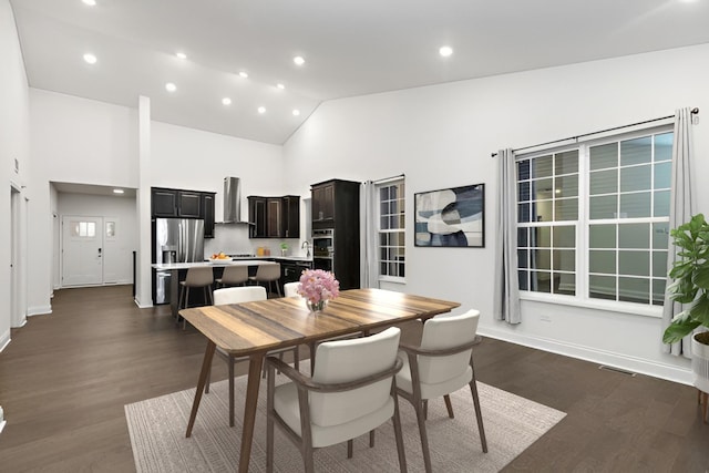 dining area featuring high vaulted ceiling and dark wood-type flooring