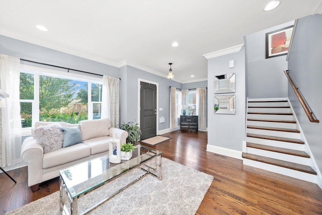 living room with plenty of natural light, dark hardwood / wood-style floors, and ornamental molding