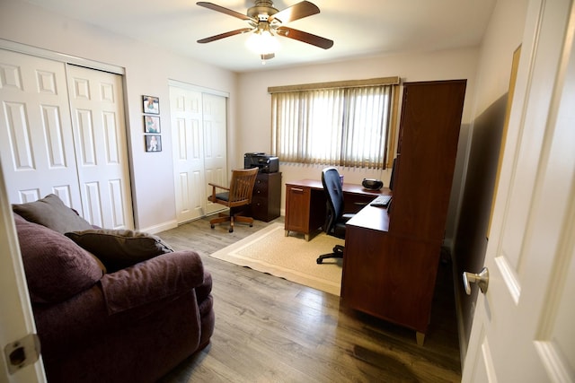 office area featuring ceiling fan and hardwood / wood-style floors