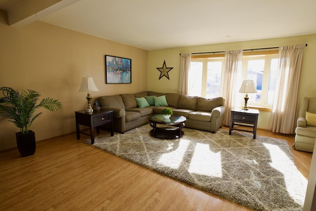 living room with beam ceiling and hardwood / wood-style flooring