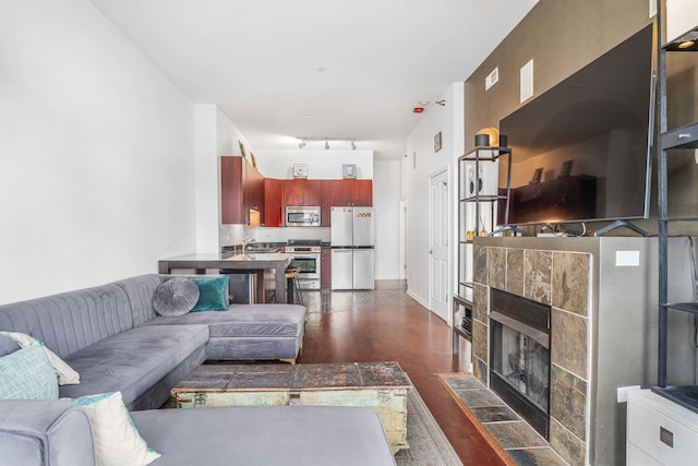 living room with dark wood-type flooring and a fireplace