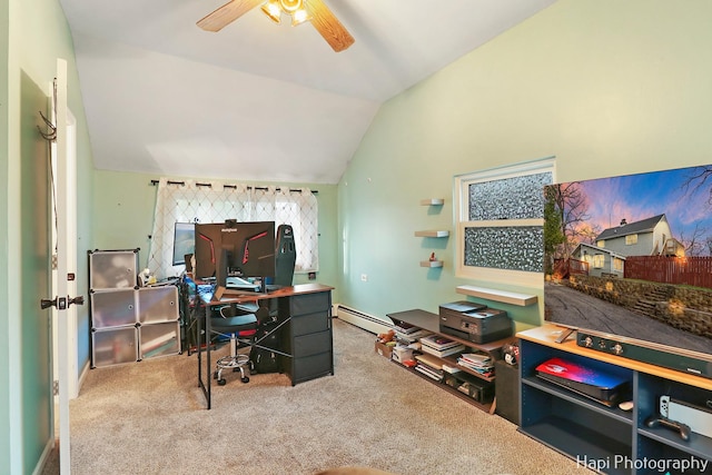 carpeted office space featuring ceiling fan, a baseboard radiator, and lofted ceiling