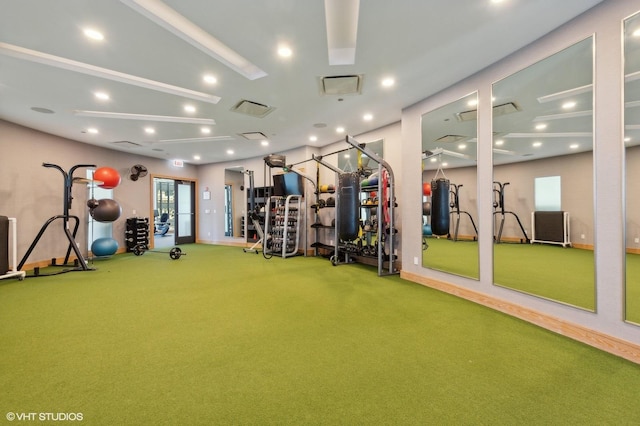 gym featuring carpet, visible vents, baseboards, and recessed lighting