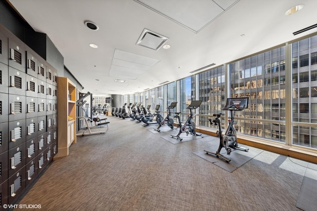 exercise room featuring a view of city