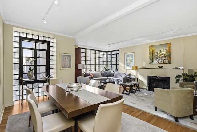 dining area featuring hardwood / wood-style flooring, ornamental molding, rail lighting, and a high end fireplace