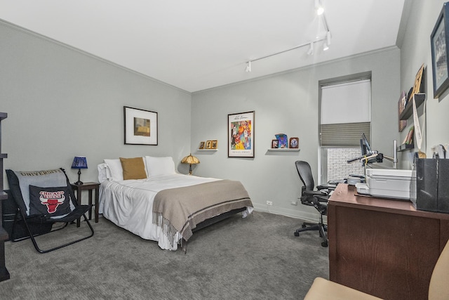 bedroom featuring ornamental molding, rail lighting, and carpet floors