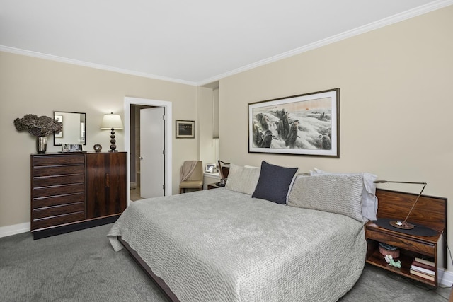 carpeted bedroom with crown molding