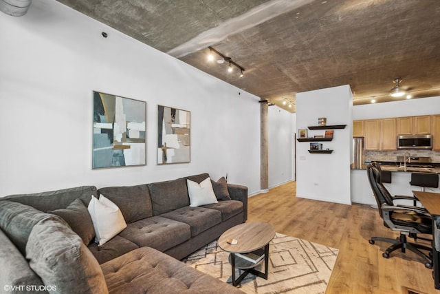 living room featuring light wood-style floors and rail lighting