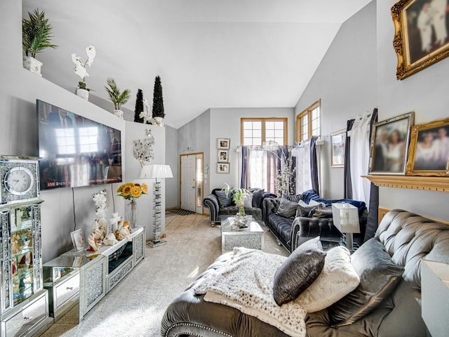 living room with light carpet and lofted ceiling