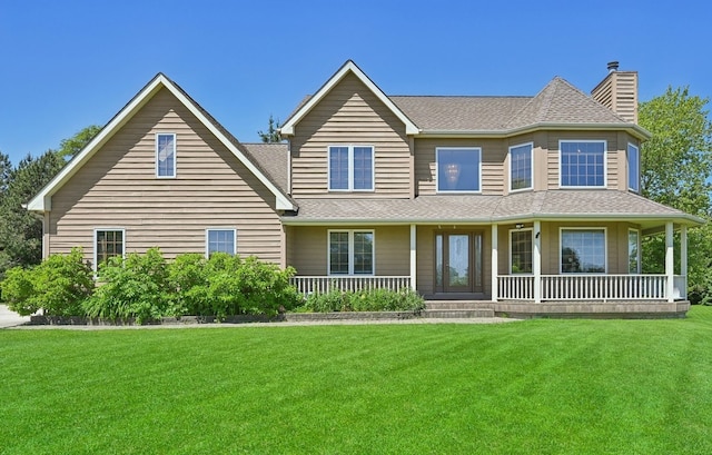 view of front of property with a porch and a front lawn