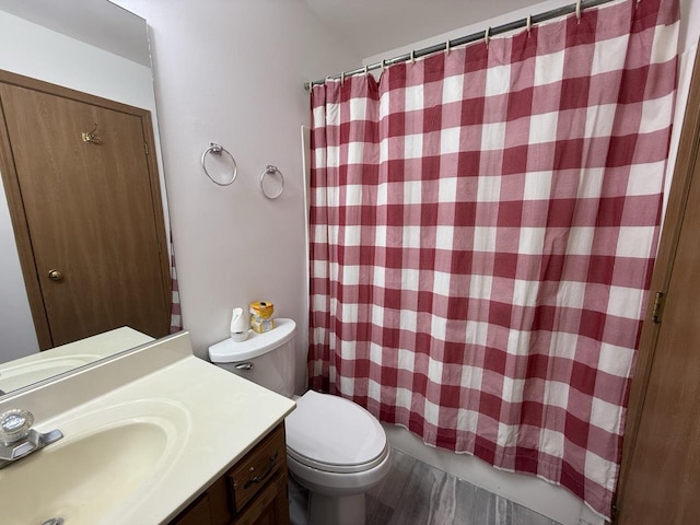 bathroom featuring vanity, toilet, and a shower with shower curtain