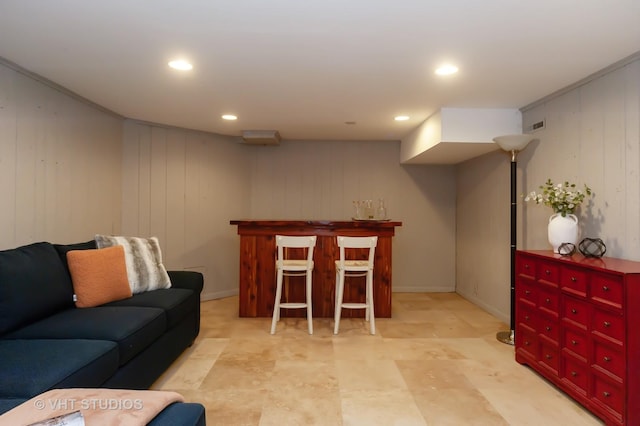 living room with indoor bar