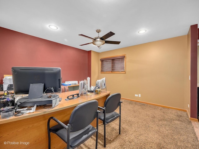 home office featuring ceiling fan and light colored carpet