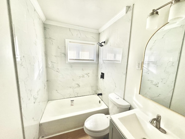 full bathroom featuring crown molding, vanity, toilet, and tiled shower / bath combo