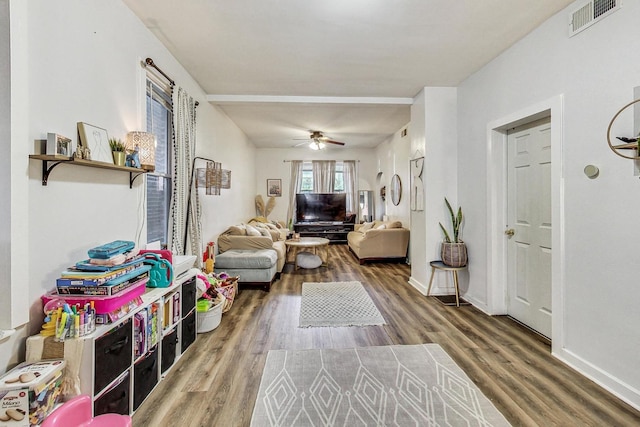 interior space featuring hardwood / wood-style flooring and ceiling fan