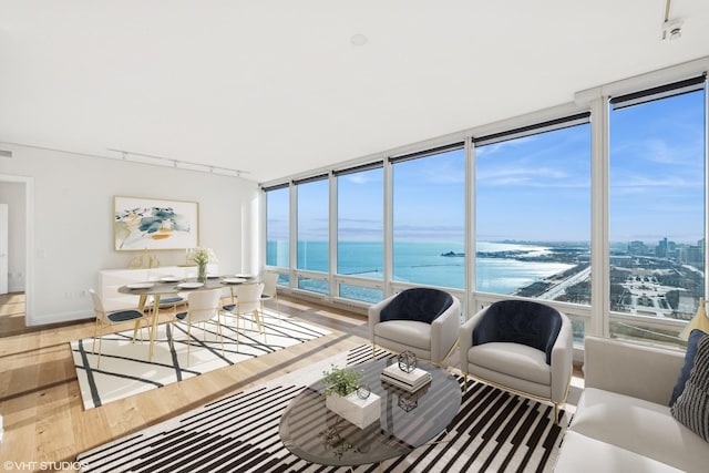 sunroom featuring a wealth of natural light, a water view, and track lighting