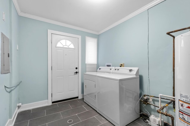 laundry room with electric panel, dark tile patterned floors, crown molding, separate washer and dryer, and gas water heater