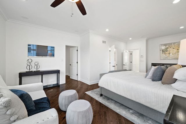 bedroom with crown molding, ceiling fan, and dark wood-type flooring