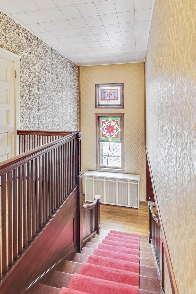 stairway with hardwood / wood-style flooring and radiator heating unit