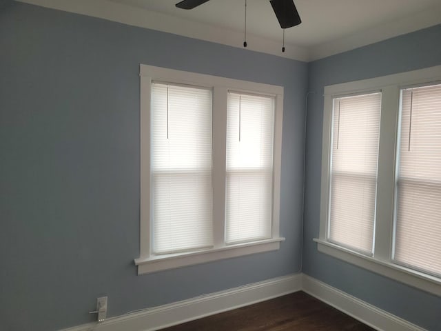 unfurnished room featuring ceiling fan, a wealth of natural light, and dark hardwood / wood-style flooring