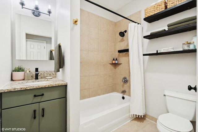 full bathroom with toilet, vanity, tile patterned floors, and shower / tub combo with curtain