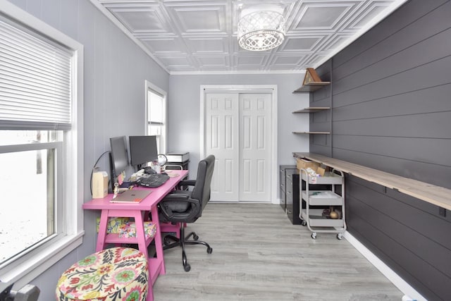 office space with light hardwood / wood-style floors