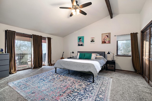 carpeted bedroom featuring lofted ceiling with beams, ceiling fan, and multiple windows