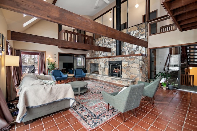 tiled living room with a fireplace, high vaulted ceiling, and beam ceiling