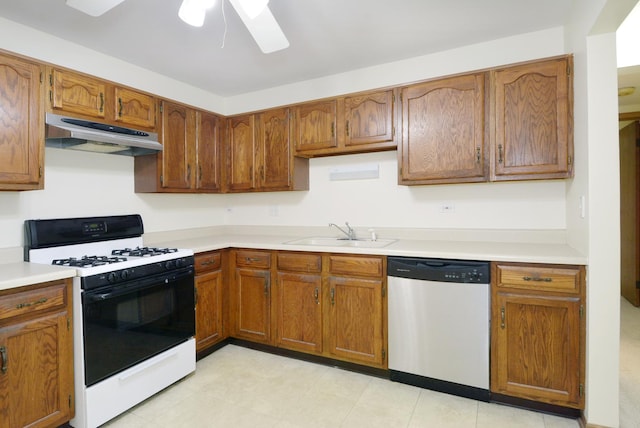 kitchen featuring ceiling fan, dishwasher, sink, and range with gas cooktop