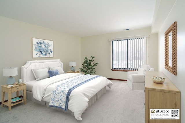 bedroom featuring multiple windows and light colored carpet