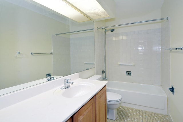 full bathroom with vanity, shower / tub combination, tile patterned floors, and toilet