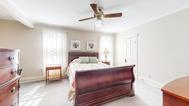 bedroom with light colored carpet and ceiling fan