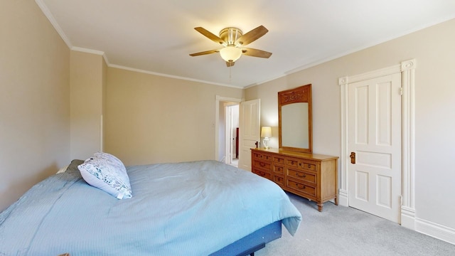 bedroom with ceiling fan, light colored carpet, and ornamental molding