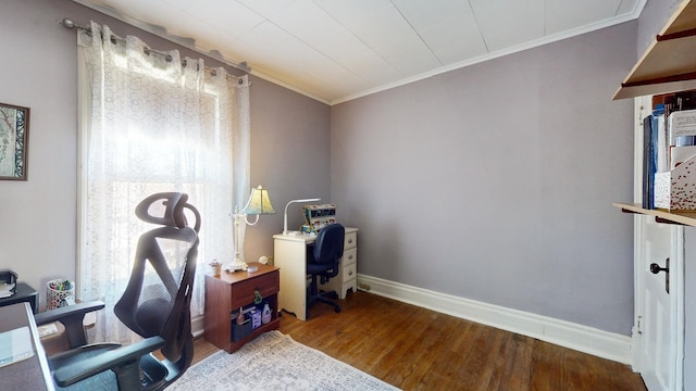 office with hardwood / wood-style floors and ornamental molding