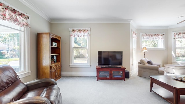 living room with ornamental molding, a wealth of natural light, and light colored carpet