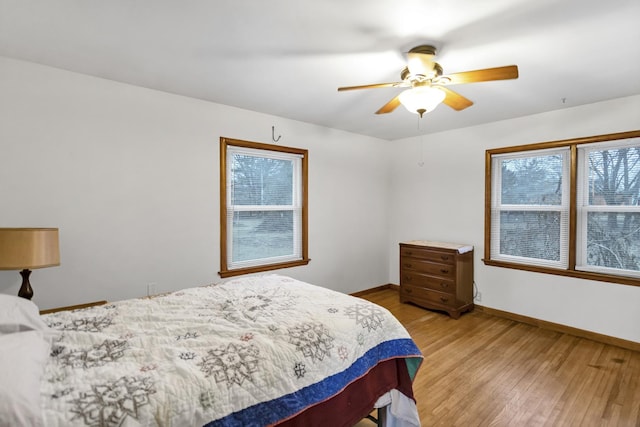 bedroom with ceiling fan and light hardwood / wood-style floors