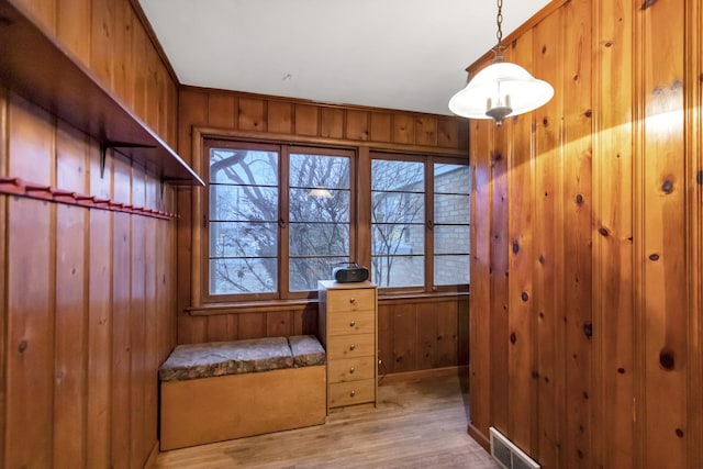 sitting room with light hardwood / wood-style flooring, wooden walls, and a healthy amount of sunlight