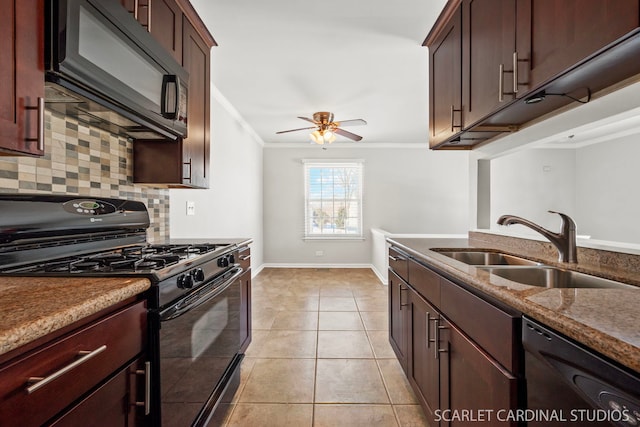 kitchen featuring sink, crown molding, black appliances, light tile patterned flooring, and decorative backsplash