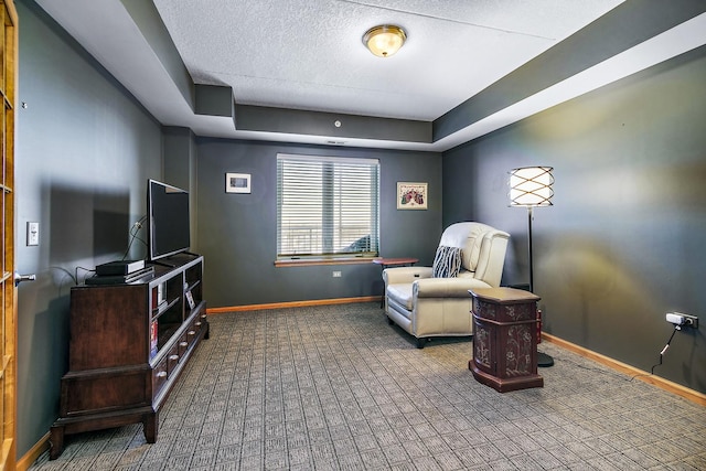 living area with carpet flooring and a raised ceiling