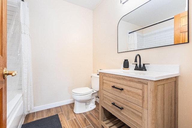 full bathroom with toilet, shower / bathtub combination with curtain, and vanity