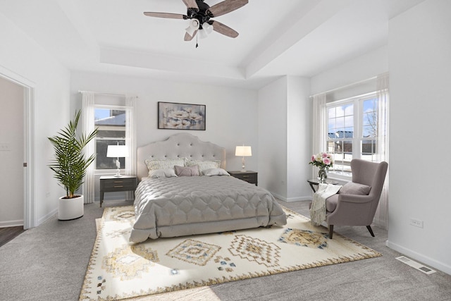 bedroom with a tray ceiling, ceiling fan, and carpet