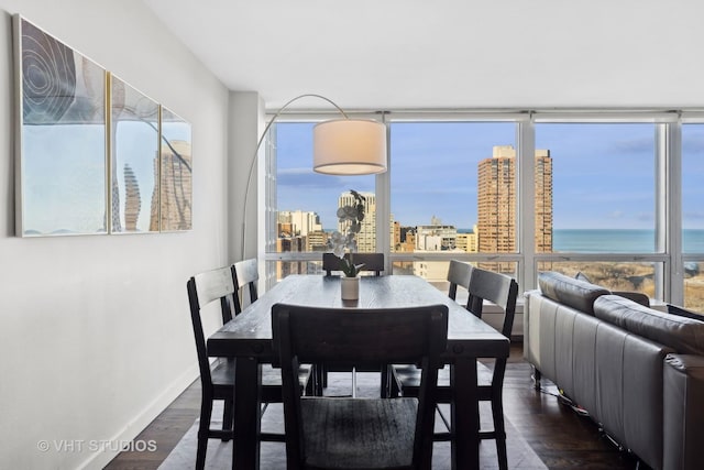 dining room featuring a water view, dark wood-type flooring, and a wall of windows