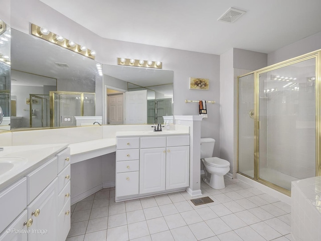 bathroom with toilet, tile patterned flooring, an enclosed shower, and vanity