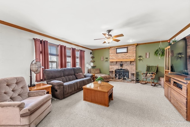 living room featuring crown molding, light carpet, and ceiling fan