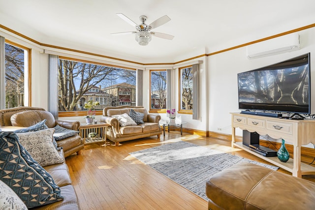6159 S Karlov Ave, Chicago, IL 60629 - living room with hardwood / wood-style flooring, ceiling fan, crown molding, and a wall mounted AC