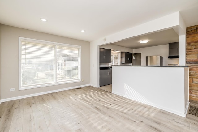 kitchen with stainless steel dishwasher, light hardwood / wood-style flooring, fridge, and kitchen peninsula