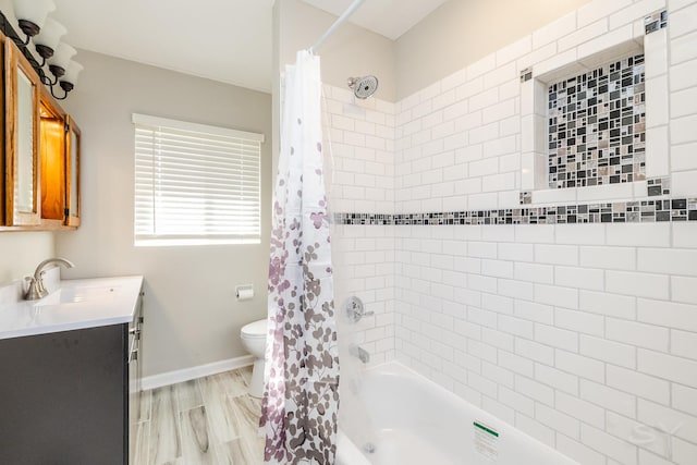 full bathroom with toilet, vanity, shower / bathtub combination with curtain, and wood-type flooring