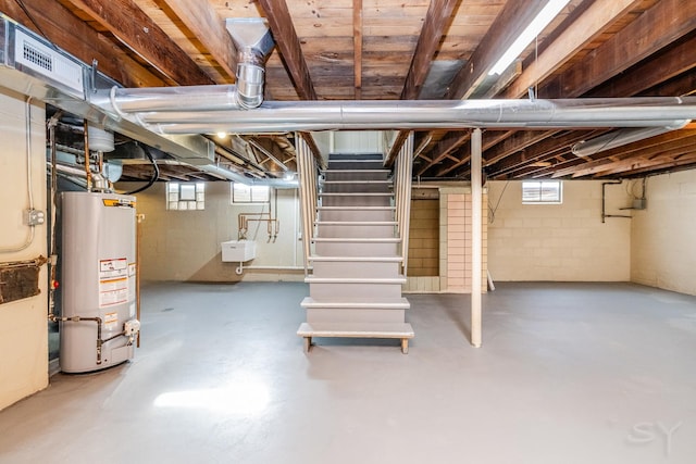 basement featuring gas water heater and a healthy amount of sunlight