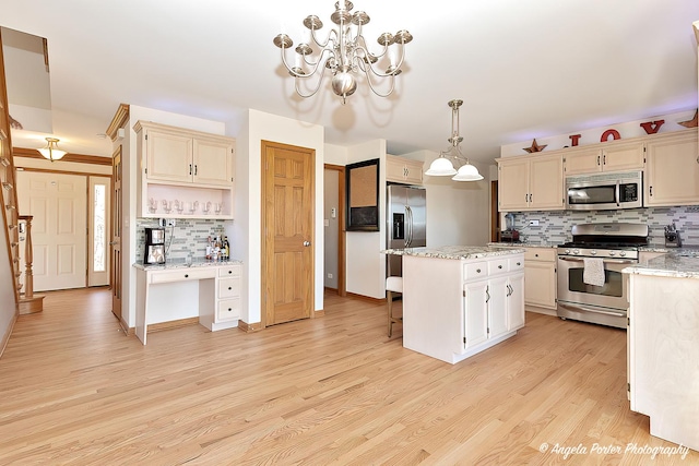 kitchen featuring a kitchen island, stainless steel appliances, backsplash, hanging light fixtures, and light wood-type flooring