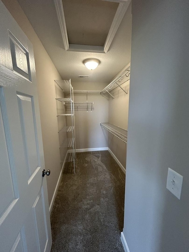 walk in closet with dark carpet and a raised ceiling